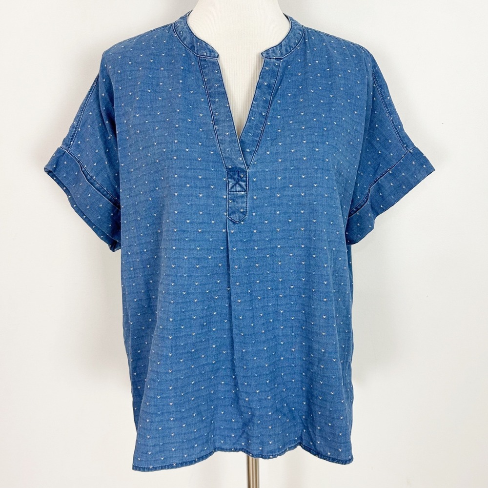 Madewell Indigo Lakeline Top Blue Heart Clip Dot Embroidered Size Large Women
